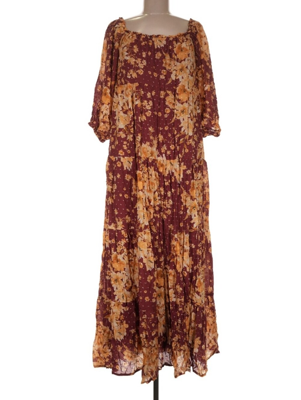 Auguste The Label Boho Off-shoulder Long Floral Dress, Burgundy Yellow Flowers M